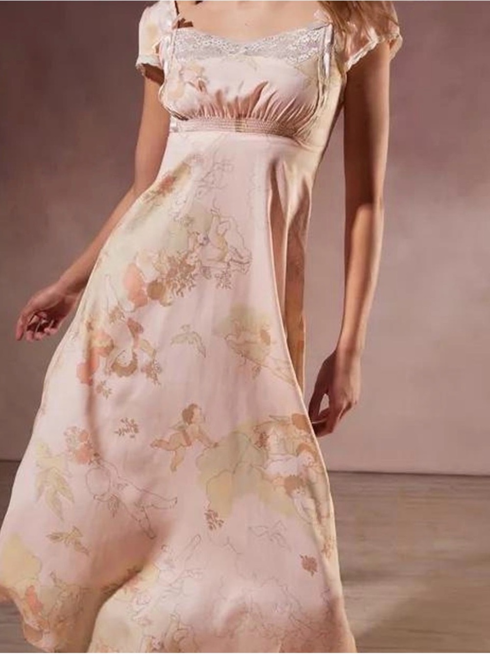 Kimchi Blue Blush Pink Satin Maxi Dress with Cherub Floral Print